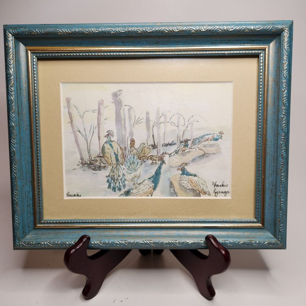 5x7 Peacocks Original Watercolor Framed Artist Signed Wall Art Frankie Eggemeyer